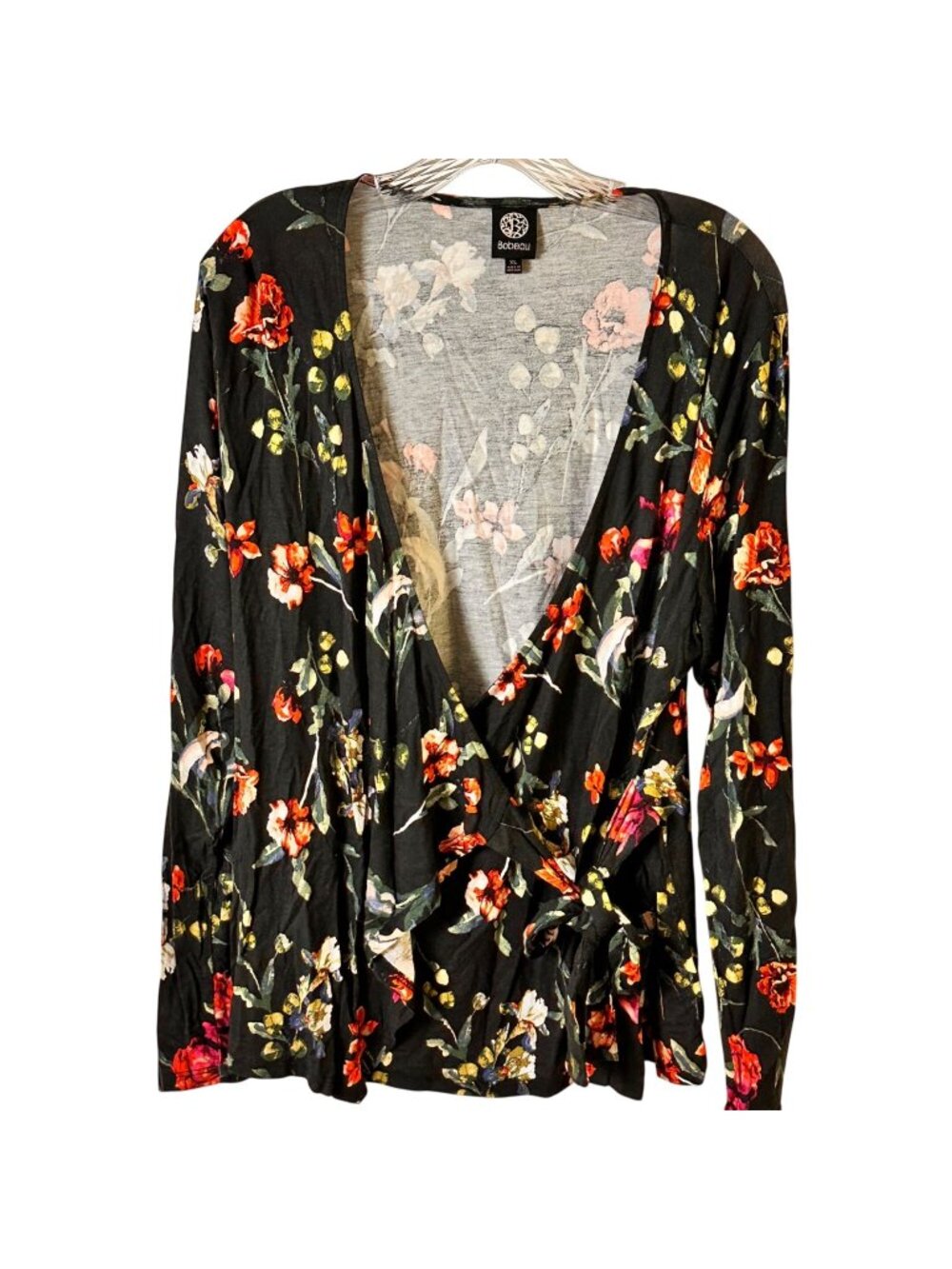 Bobeau XL Floral Wrap Style Boho Long Sleeve Top Women’s Black Multicolor